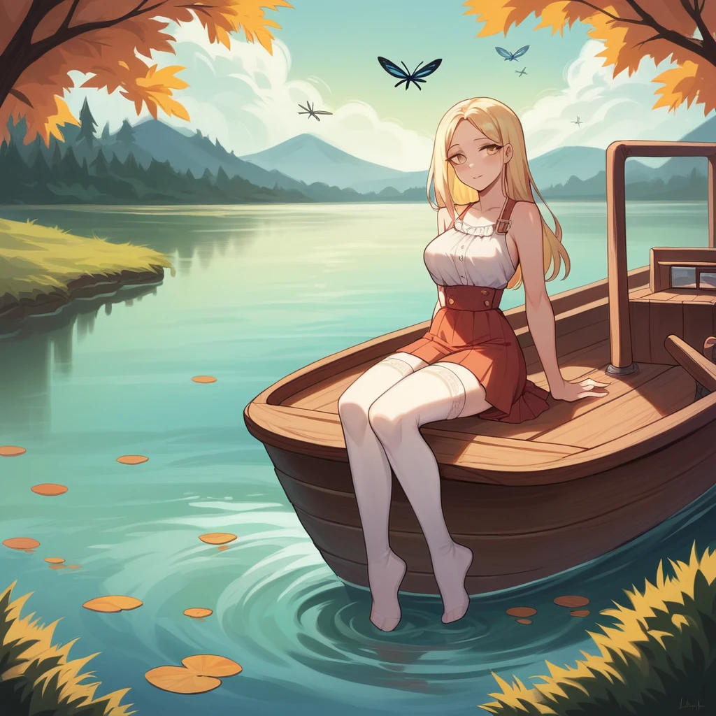 (High quality, 8k, original character), (Fact: 1.5), (Masterpiece, Best Quality, High Resolution: 1.2), Girl, Summer Night, (Stockings Smooth Texture: 1.5), Sexy Skirt, Delicate Eyes, Delicate Image, Boat, River, Face to Camera, A Large Lotus Blooms Behind It, Moonlight, Breeze, Fireflies