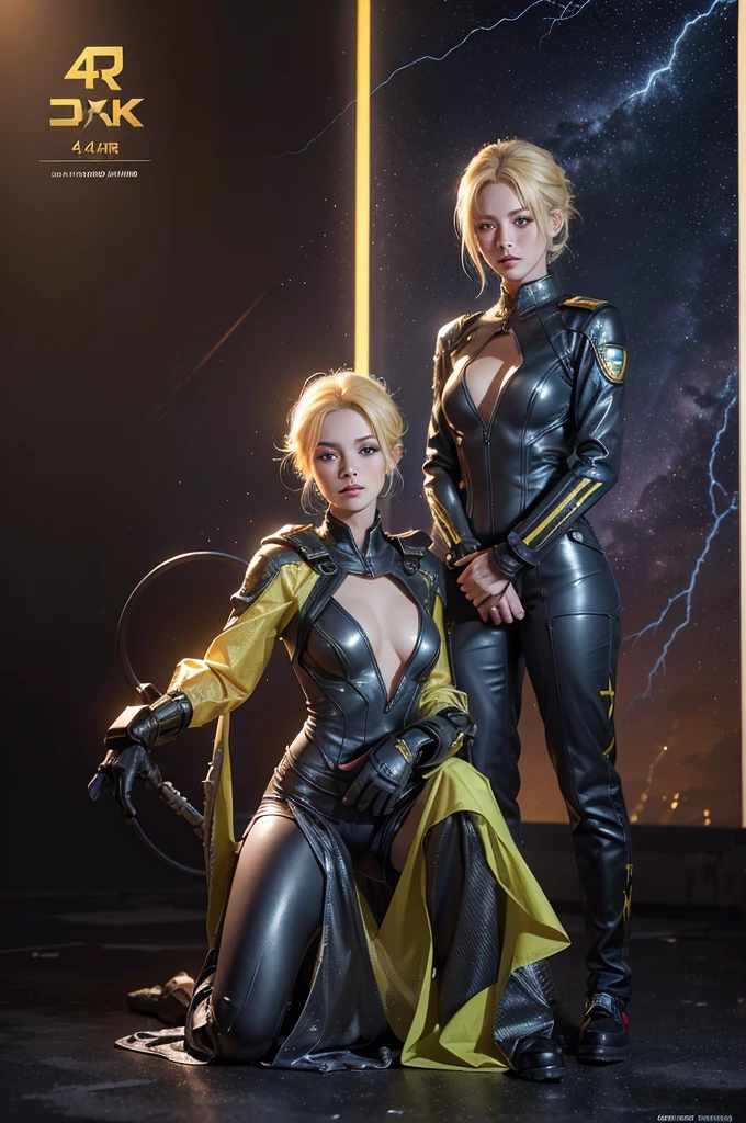 A beautiful young girl with yellow hair, a tight lightning-themed suit, and small breasts, wielding alien thunder weapons in a thunderstorm backdrop, (best quality,4k,8k,highres,masterpiece:1.2),ultra-detailed,(realistic,photorealistic,photo-realistic:1.37),extremely detailed eyes and face,beautiful detailed lips,longeyelashes,lightning effects,dynamic pose,dramatic lighting,vibrant colors,sci-fi,concept art