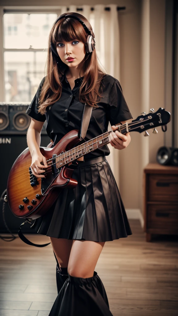 RAW Photo,DSLR,BREAK ultra detailed (masterpiece, best quality), (RAW photo, best quality), 1girl, instrument, solo, blue eyes, guitar, long hair, skirt, headphones, music, electric guitar, indoors, playing instrument, red lips, cable, plectrum, brown hair, signature, holding, looking at viewer, shirt, pleated skirt, black skirt, lipstick, cowboy shot, blurry, parted lips, lips, makeup, black shirt, standing, bass guitar, bangs, holding instrument,