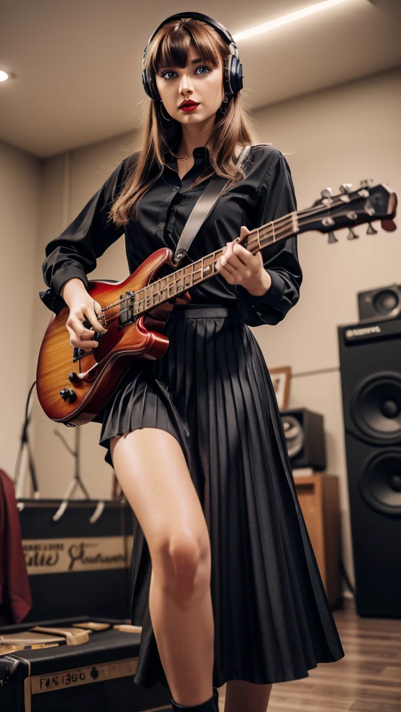 RAW Photo,DSLR,BREAK ultra detailed (masterpiece, best quality), (RAW photo, best quality), 1girl, instrument, solo, blue eyes, guitar, long hair, skirt, headphones, music, electric guitar, indoors, playing instrument, red lips, cable, plectrum, brown hair, signature, holding, looking at viewer, shirt, pleated skirt, black skirt, lipstick, cowboy shot, blurry, parted lips, lips, makeup, black shirt, standing, bass guitar, bangs, holding instrument,