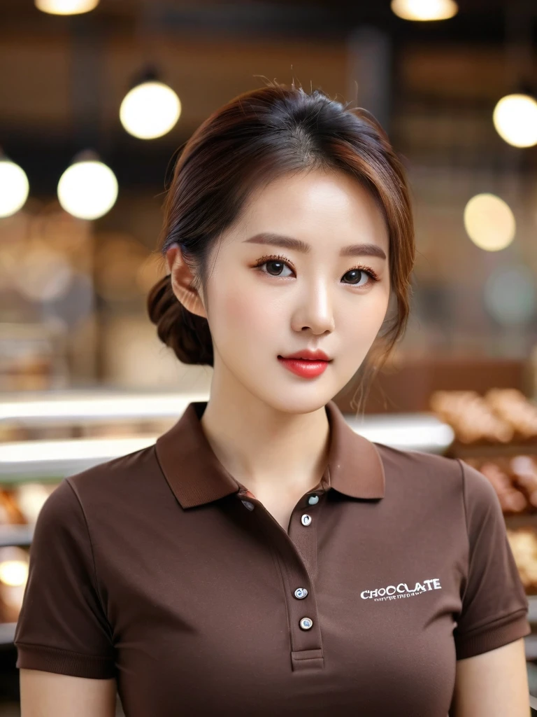 Close-up of a beautiful Korean woman, 38 inch chest size, Wear a well-fitting polo shirt, necklase, At the chocolate factory, background bokeh , High definition