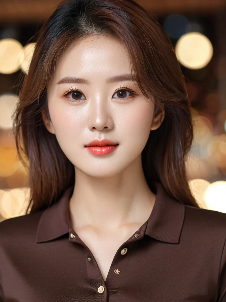 Close-up of a beautiful Korean woman, 38 inch chest size, Wear a well-fitting polo shirt, necklase, At the chocolate factory, background bokeh , High definition