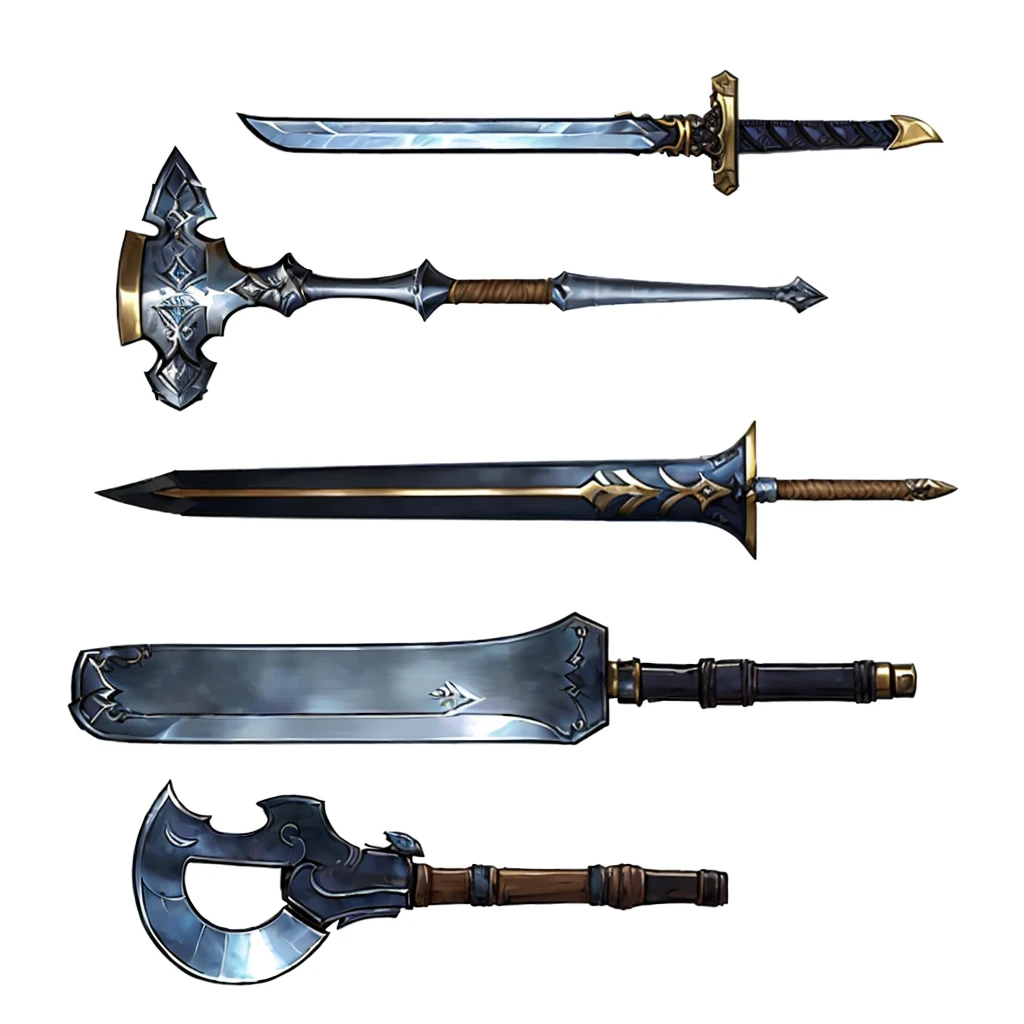 arafed image of a set of four different types of sword, Fantasy RPG Weapon Art, weapons concept art, weaponsコンセプトデザイン, Weapon concept art, Weapon Design, weapons, Lots of weapons, Epic fantasy weapon art, RPG Game Items, multiple floating sword, Hearthstone weapon art, many sword, War blade weapon, makeshift weapons, weapons and armors, sword