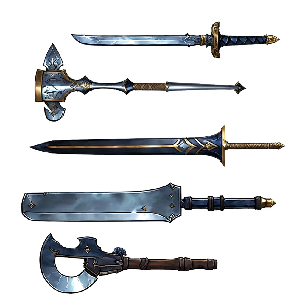 arafed image of a set of four different types of sword, Fantasy RPG Weapon Art, weapons concept art, weaponsコンセプトデザイン, Weapon concept art, Weapon Design, weapons, Lots of weapons, Epic fantasy weapon art, RPG Game Items, multiple floating sword, Hearthstone weapon art, many sword, War blade weapon, makeshift weapons, weapons and armors, sword