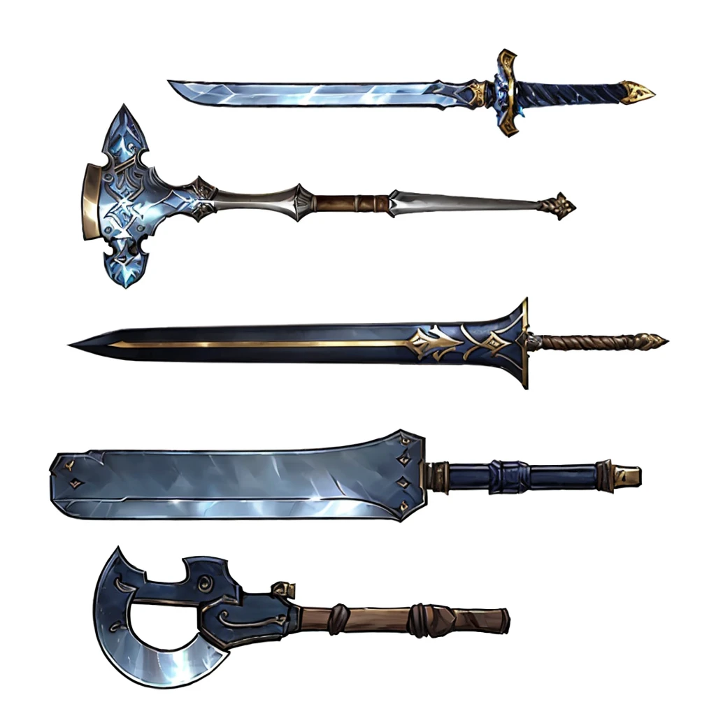 arafed image of a set of four different types of sword, Fantasy RPG Weapon Art, weapons concept art, weaponsコンセプトデザイン, Weapon concept art, Weapon Design, weapons, Lots of weapons, Epic fantasy weapon art, RPG Game Items, multiple floating sword, Hearthstone weapon art, many sword, War blade weapon, makeshift weapons, weapons and armors, sword