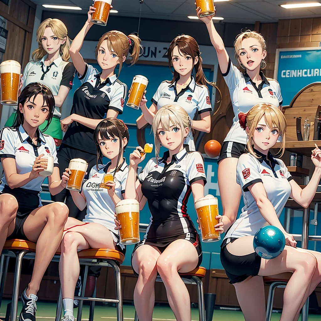 Creat a image of a german bowlingteam. This bowligteam likes beer, ouzou and schnitzelz