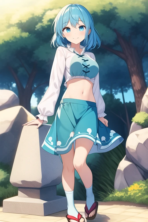 ((best quality)), ((masterpiece)), (detailed), 1girl, Touhou, Tatara Kogasa, medium sized breasts, smiling expression, blue hair, different colored eyes, red colored eye, blue colored eye, unbottoed blue feminine blouse, long sleeves feminine blouse, light blue skirt, long socks, japanese sandals, girl on stone trail, village background, girl standing, full body, wide shot, short feminine blouse, opened feminine blouse, front opened feminine blouse, stomach, navel, sport bra