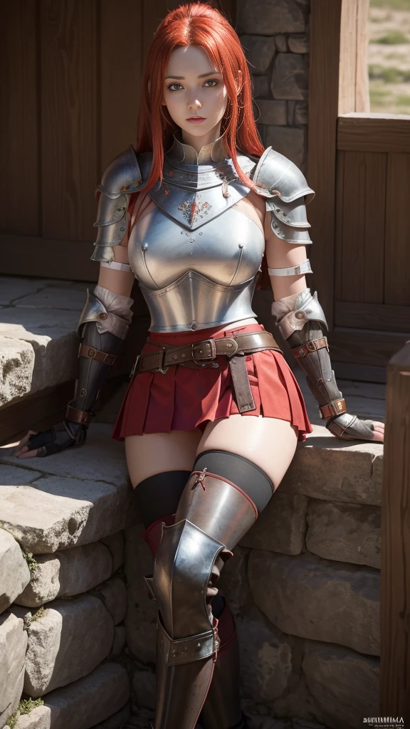 Red-haired warrior girl, young girl, pretty face, thin girl, pretty girl, skinny girl, She's wearing a plate armor, medieval armor, steel breastplate, steel gauntlets, steel gloves, (red miniskirt: 1.5), (sitting, spread her legs: 1.1), (her panties are showing: 1.2), you can see her panties, underwear, pantyshot, upskirt, (cameltoe: 1.3), (white panties), panties appearing, medieval fantasy, Dungeons and dragons, RPG character, best quality, (masterpiece), 8k