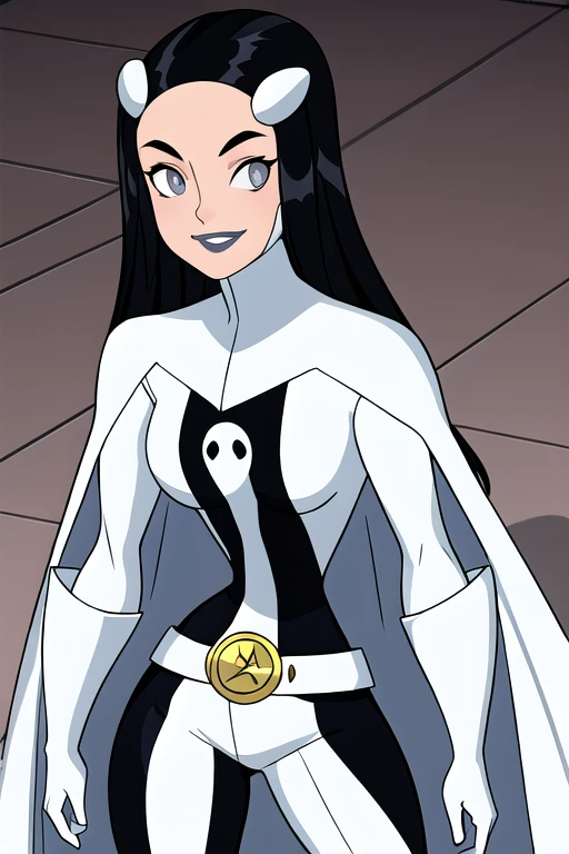 Phantom girl, Tinya Wazzo, solo, girl1, black hair, bodysuit. grey eyes, smile, legs, grey lips, belt, white cape, white gloves, best quality, masterpiece, cowboy shot,