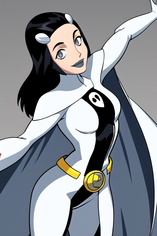 Phantom girl, Tinya Wazzo, solo, girl1, black hair, bodysuit. grey eyes, smile, legs, grey lips, belt, white cape, white gloves, best quality, masterpiece, cowboy shot,