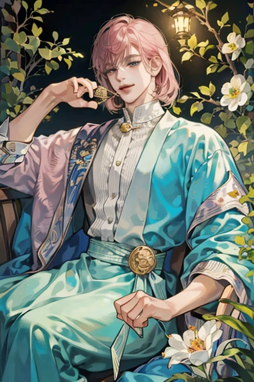 ((Highest quality)), ((masterpiece)), (detailed), Aurora,Bob hair man,A nihilistic smile,Young and handsome men,Medium length hair,Pink Hair,observatory
