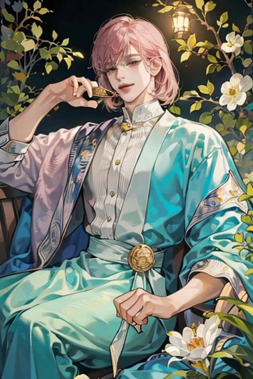 ((Highest quality)), ((masterpiece)), (detailed), Aurora,Bob hair man,A nihilistic smile,Young and handsome men,Medium length hair,Pink Hair,observatory