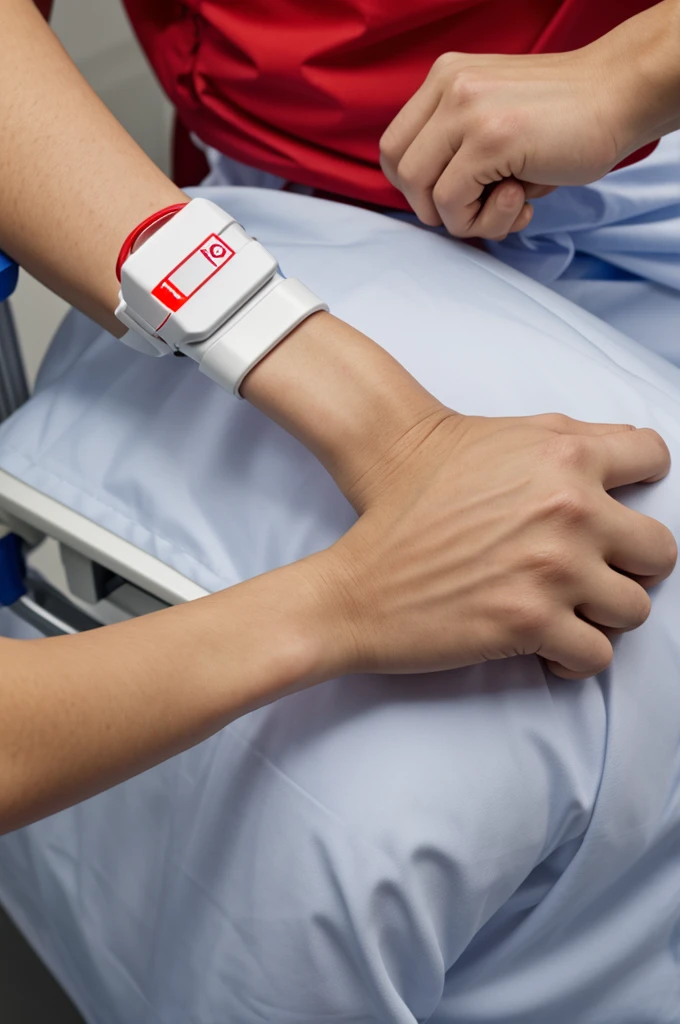 White patient identification handcuff with a red dot, hospital patient