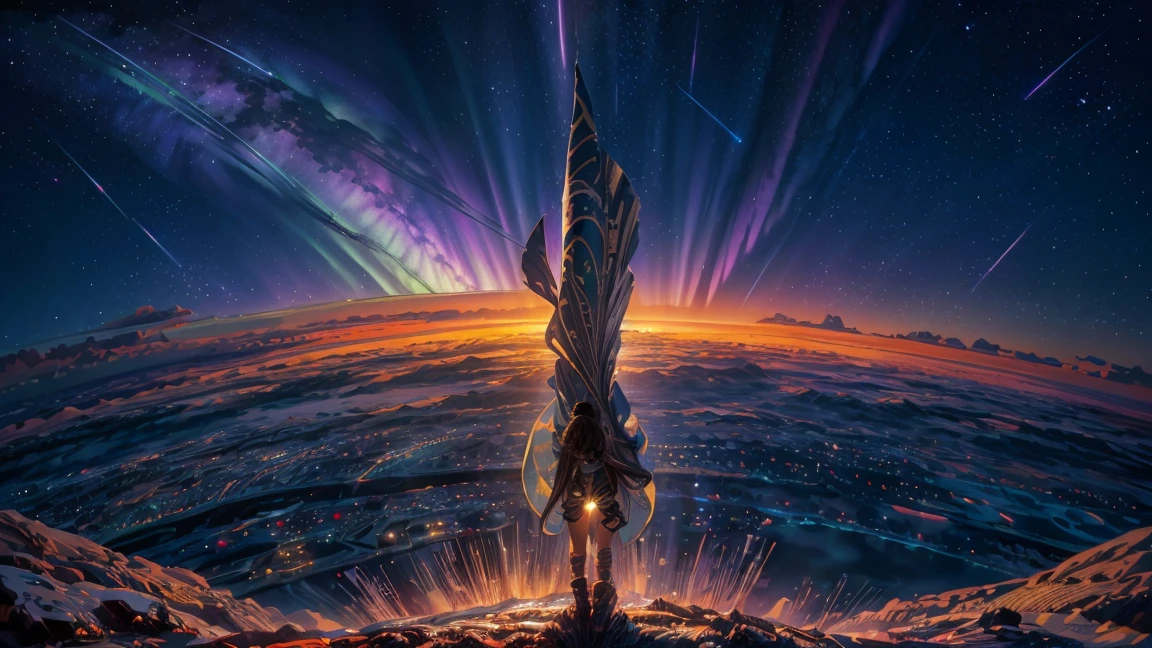 Wide view, Masterpiece, A stunning masterpiece of 8K RAW imagery, Glitter Splash captures the beauty of space, featuring a girl astronaut surrounded by a mesmerizing starry sky, brilliant aerial fireworks, and breathtaking views of the Northern Lights dancing in the Milky Way. A festival-like atmosphere with a fisheye lens effect
