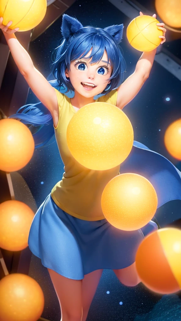 Movie joy amusingly, Grinning, holding a yellow glowing sphere