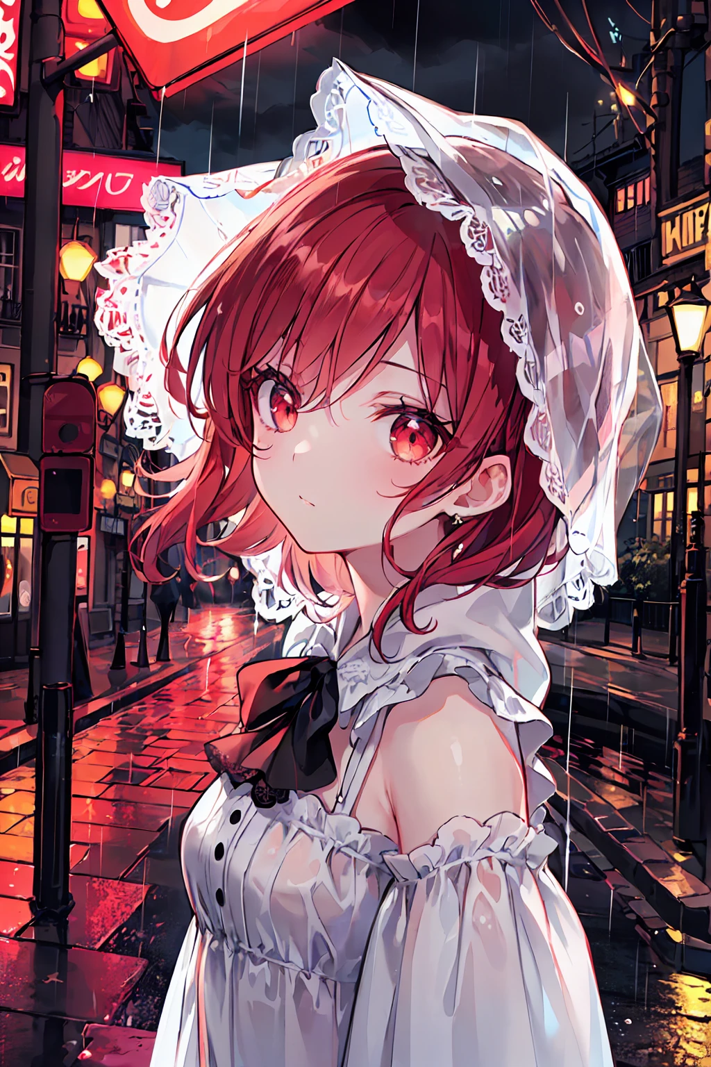 ((Highest quality, 8K, lace maxi dress, Standing in the rain, Red Light District, Highly detailed face and skin texture, Fine grain, double eyelid.)