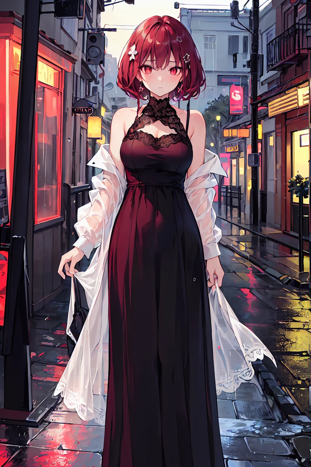 ((Highest quality, 8K, lace maxi dress, Standing in the rain, Red Light District, Highly detailed face and skin texture, Fine grain, double eyelid.)