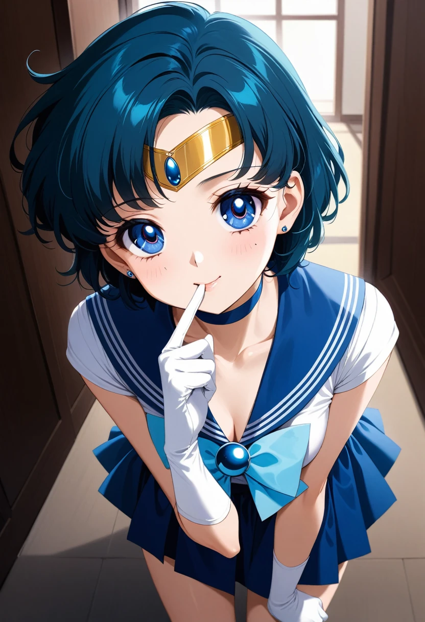 (masterpiece, Highest quality, so beautiful, Super detailed), Intricate details, 4K, mercury, short hair, Blue Hair, tiara, Earrings, blue eyes, Blue choker, Blue sailor collar, Blue bow tie, White shirt, Elbow hand pockets, White gloves, Pleated skirt, Blue Skirt, barefoot, smile, be quiet, Leaning forward, Upper Body, Bring your fingers to your mouth, indoor,nude