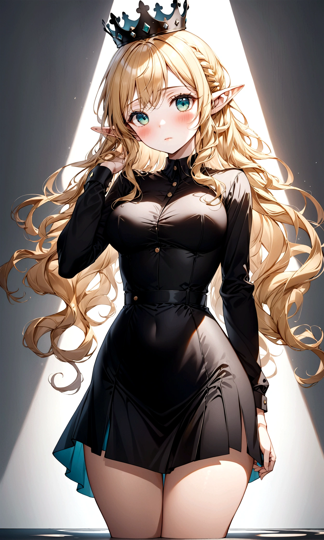 blonde hair, wavy hair, long hair, crown, aqua eyes, long pointy ears, blush, Surrealism, cinematic lighting, drop shadow, vignetting, vanishing point, f/16, 35mm, Sony FE GM, super detail, textured skin, high details, high quality, best quality, masterpiece, Black clothes, pointy medium breasts, thin waist, thick thighs