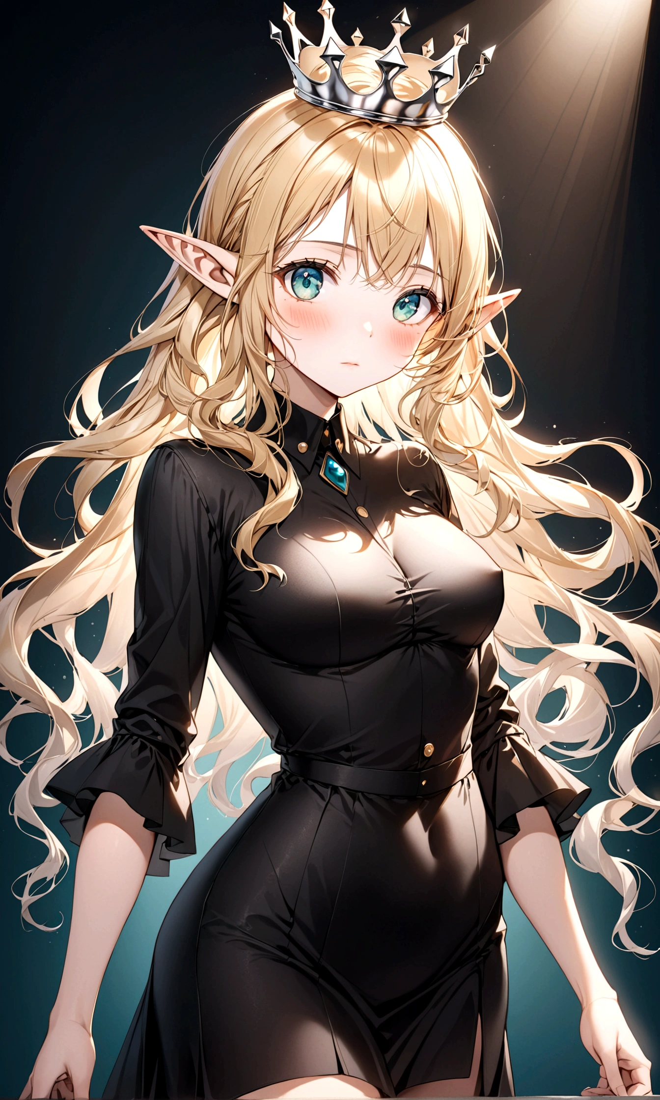 blonde hair, wavy hair, long hair, crown, aqua eyes, long pointy ears, blush, Surrealism, cinematic lighting, drop shadow, vignetting, vanishing point, f/16, 35mm, Sony FE GM, super detail, textured skin, high details, high quality, best quality, masterpiece, Black clothes, pointy medium breasts, thin waist, thick thighs
