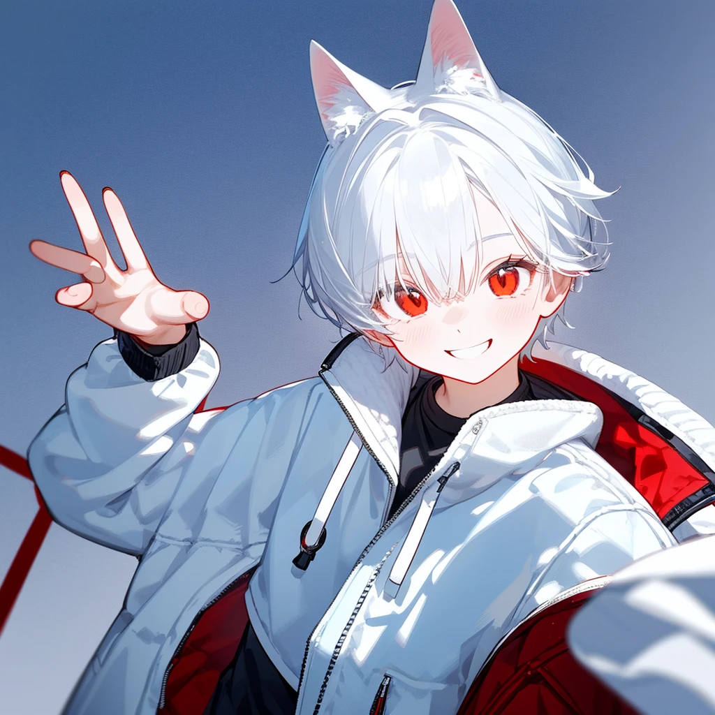 A solo cat boy, with white hair, red eyes, smile, photo pose, casual clothes, wearing jacket