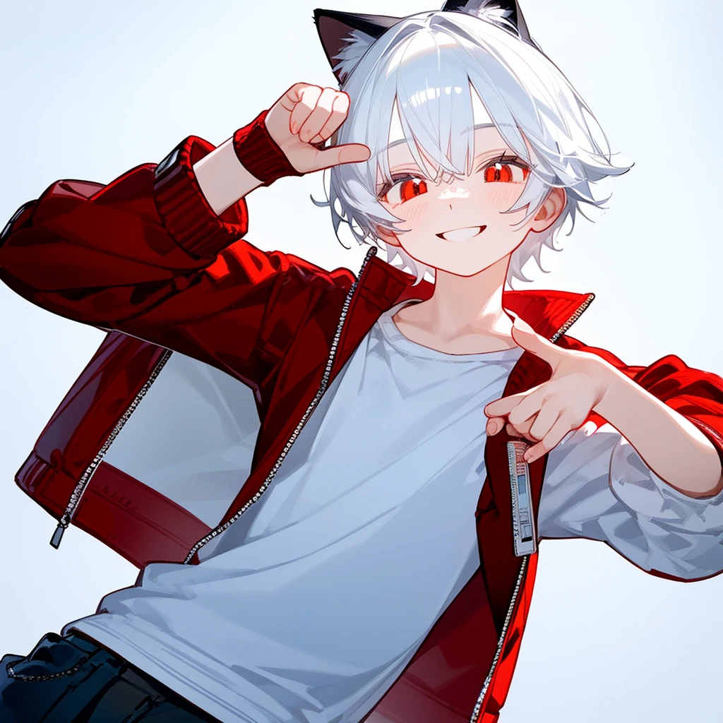 A solo cat boy, with white hair, red eyes, smile, photo pose, casual clothes, wearing jacket