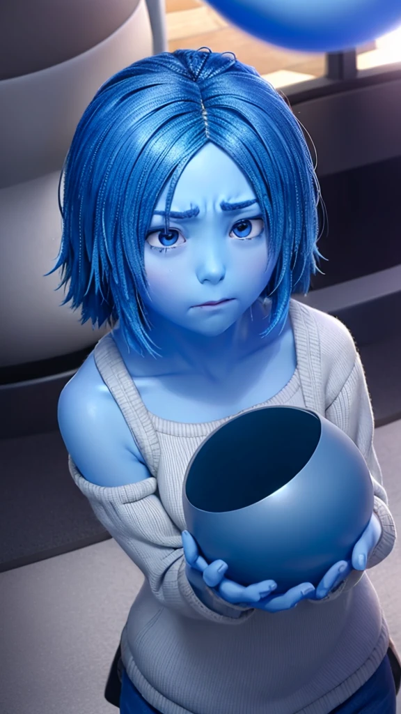 Movie Sadness Funnily, Grieving, holding a blue sphere