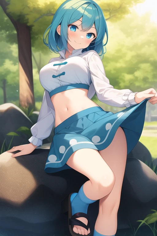 ((best quality)), ((masterpiece)), (detailed), 1girl, Touhou, Tatara Kogasa, medium sized breasts, smiling expression, blue hair, different colored eyes, red colored eye, blue colored eye, unbottom blue feminine blouse, long sleeves feminine blouse, light blue skirt, long socks, japanese sandals, girl on stone trail, village background, girl standing, full body, wide shot, short feminine blouse, opened feminine blouse, front opened feminine blouse, stomach, navel, sport bra