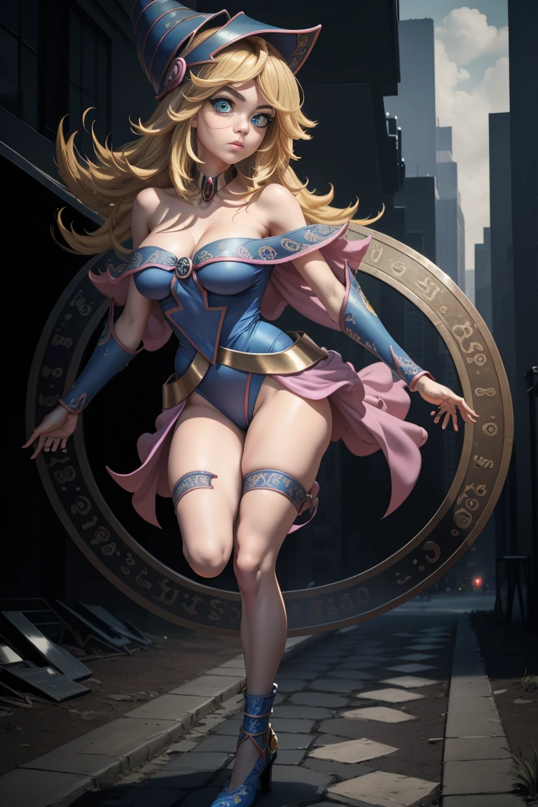 dark magician girl, Oscura himself, by rubio, choker, (green eyes:1.5), broad,
ROMPER bare shoulders, blue shoes, blush, blush pegatinas, neckline, clavicle, duel monster, has, off the shoulder, pentacle, wizard has, (blue clothes:1.5), has tacones dorados. Wear gold heels, standing pose on one foot. PELELE with heels looking at the viewer,
Outdoor ROMPER, City,
BREAK (Masterpiece:1.2), Best Quality, high resolution, unity wallpaper 8k, (illustration:0.8), (Beautiful detailed eyes:1.6), extremely detailed face, perfect lighting, Extremely detailed CG, (perfect hands, perfect anatomy),standing on a magic circle posing y for the photo, sensual and seductive look