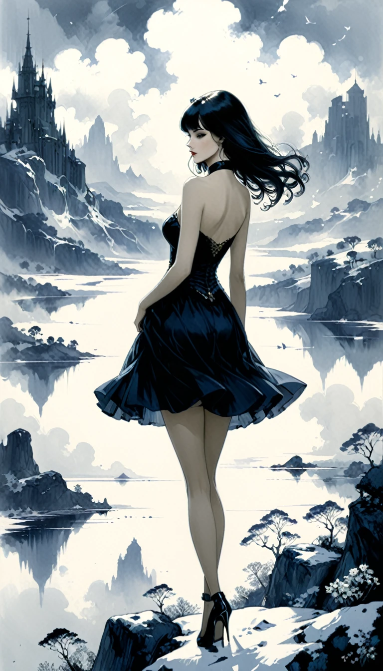 not Jeffrey Catherine Jones style,not Megan Hess style,1 girl,Fine sketches,vivid,temperamental,landscapes,fancy,tenebrosa,Royal Air Force Girls,