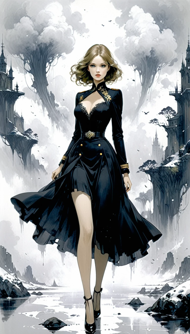 not Jeffrey Catherine Jones style,not Megan Hess style,1 girl,Fine sketches,vivid,temperamental,landscapes,fancy,tenebrosa,Royal Air Force Girls，