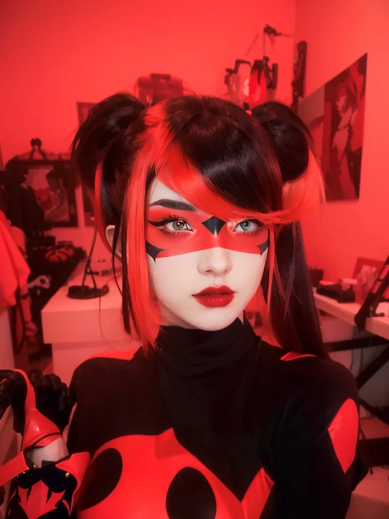 Batman girl with red hair and makeup in black and white., anime style mixed with fujifilm, cosplay anime, inspired by Taro Yamamoto, chica anime cosplay, anime inspired, cartoon character; full body art, black harley queen cosplay, cosplay, Beautiful Asuka from Evangelion, professional cosplay, Ilya Kuvshinov and Artgerm, as supervisory character, red and black