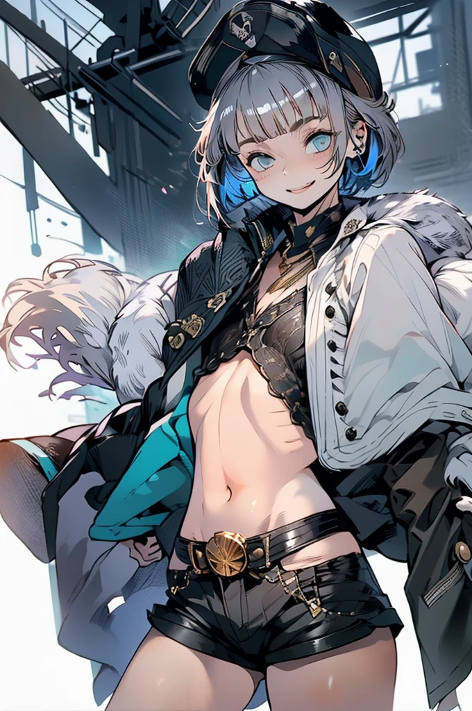 (masterpiece, very high quality, perfect anatomy) medieval world, 1 man, young, slender, small, thick thighs short silver hair, bangs, sea green eyes (black pirate hat, black vest, short leather shorts) exposed belly, on a pirate ship, slutty smile, flushed face, excited expression