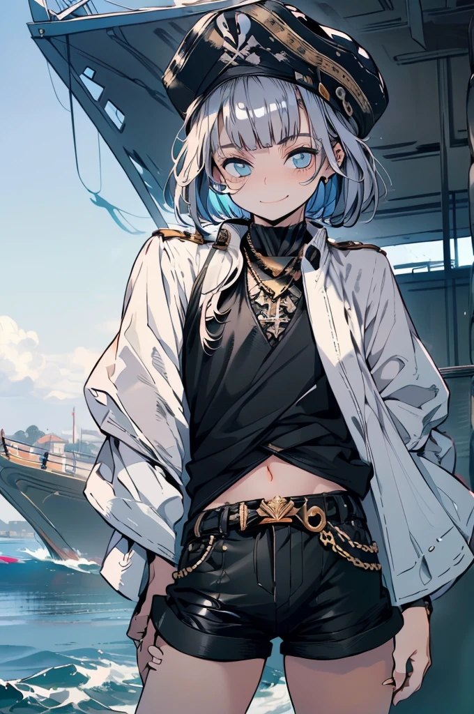 (masterpiece, very high quality, perfect anatomy) medieval world, 1 man, young, slender, small, thick thighs short silver hair, bangs, sea green eyes (black pirate hat, black vest, short leather shorts) exposed belly, on a pirate ship, slutty smile, flushed face, excited expression