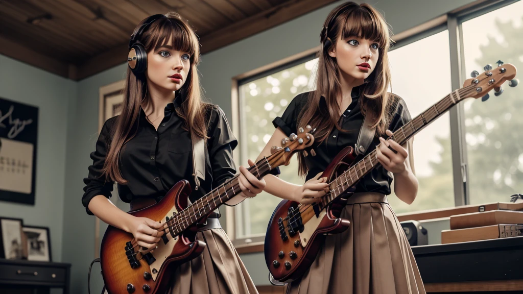 RAW Photo,DSLR,BREAK ultra detailed (masterpiece, best quality), (RAW photo, best quality), 1girl, instrument, solo, blue eyes, guitar, long hair, skirt, headphones, music, electric guitar, indoors, playing instrument, red lips, cable, plectrum, brown hair, signature, holding, looking at viewer, shirt, pleated skirt, black skirt, lipstick, cowboy shot, blurry, parted lips, lips, makeup, black shirt, standing, bass guitar, bangs, holding instrument,