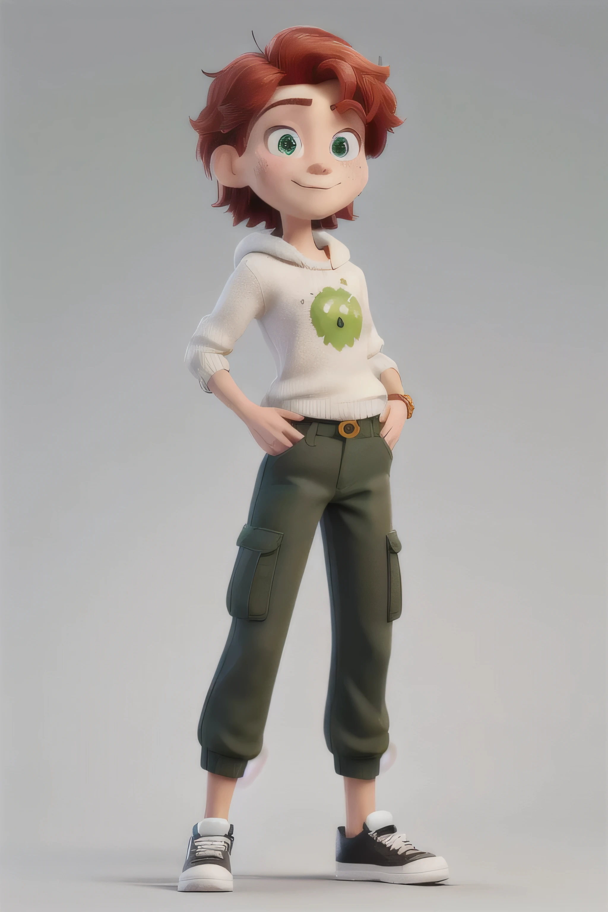 , with 1,63 metros de altura, the lean physique, medium breasted with a defined waist, the red hair, straight and medium length without bangs, emerald green eyes, striking and with long eyelashes, fair skin with freckles, a small scar on the leg, the medium mouth with slightly sharp canines. With slightly baggy black cargo pants, a white sweater with a black emoji in the center and leaf green all star sneakers on the feet.