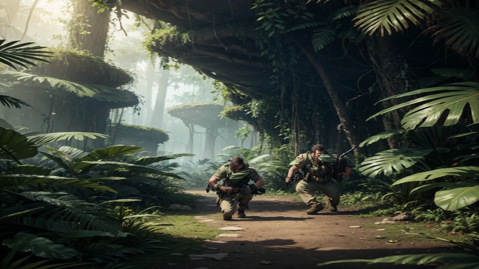 create a 2d game cover about survival in a mysterious jungle inspired by jumanji