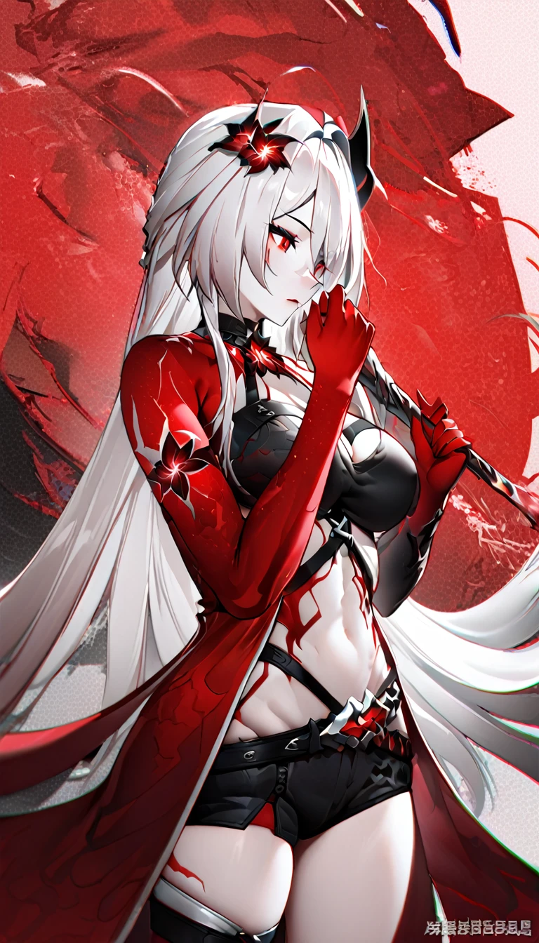 masterpiece, best quality, best light, best shadow, highly detailed,ultra detailed,YINYUE, female, solo, yinyue horns, clothes, 2d, face, sleeves, looking to the side, belt, from front position, hands up, red clothes, white hair, red eyes, red background, red thunder