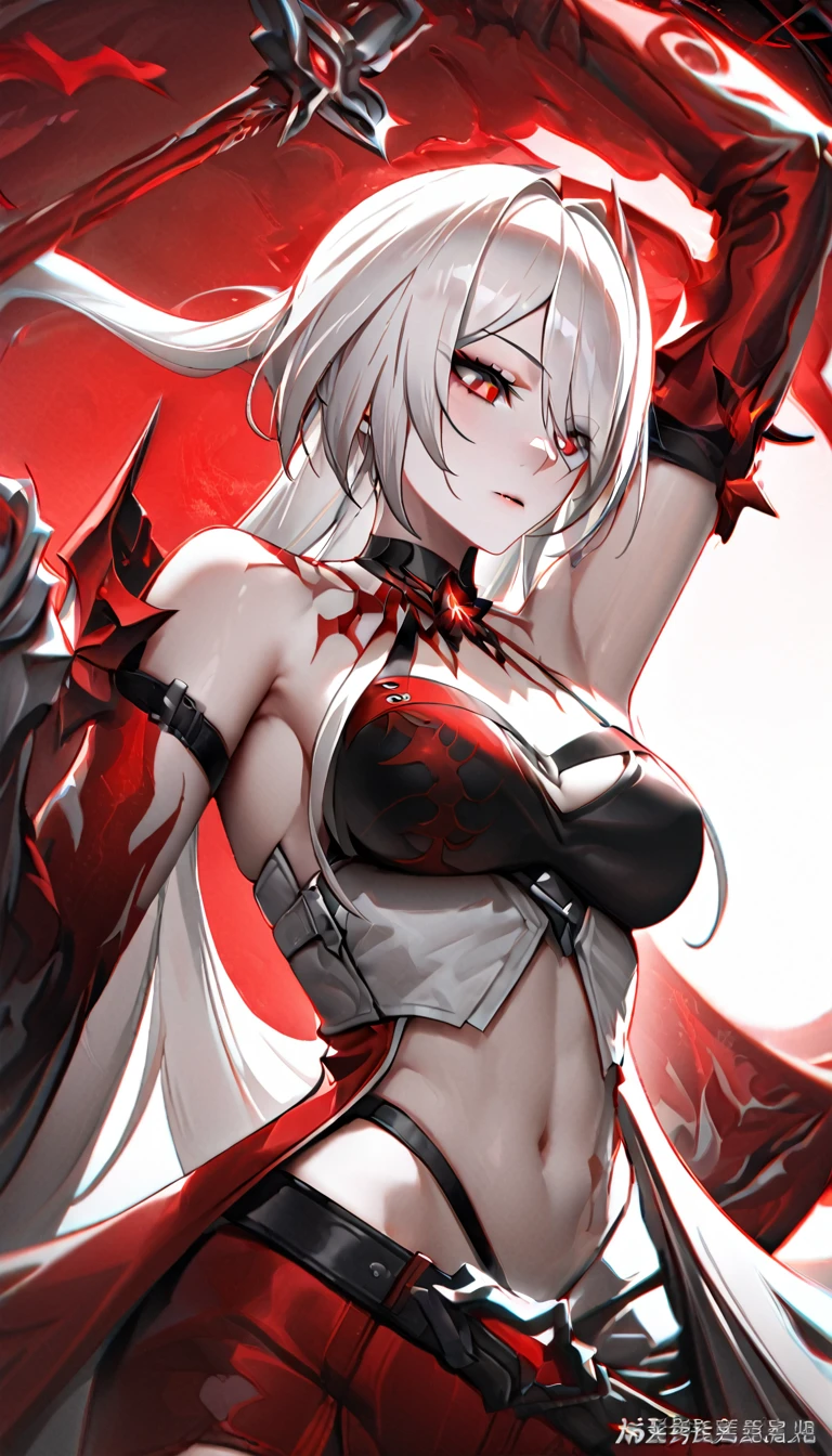 masterpiece, best quality, best light, best shadow, highly detailed,ultra detailed,YINYUE, female, solo, yinyue horns, clothes, 2d, face, sleeves, looking to the side, belt, from front position, hands up, red clothes, white hair, red eyes, red background, red thunder