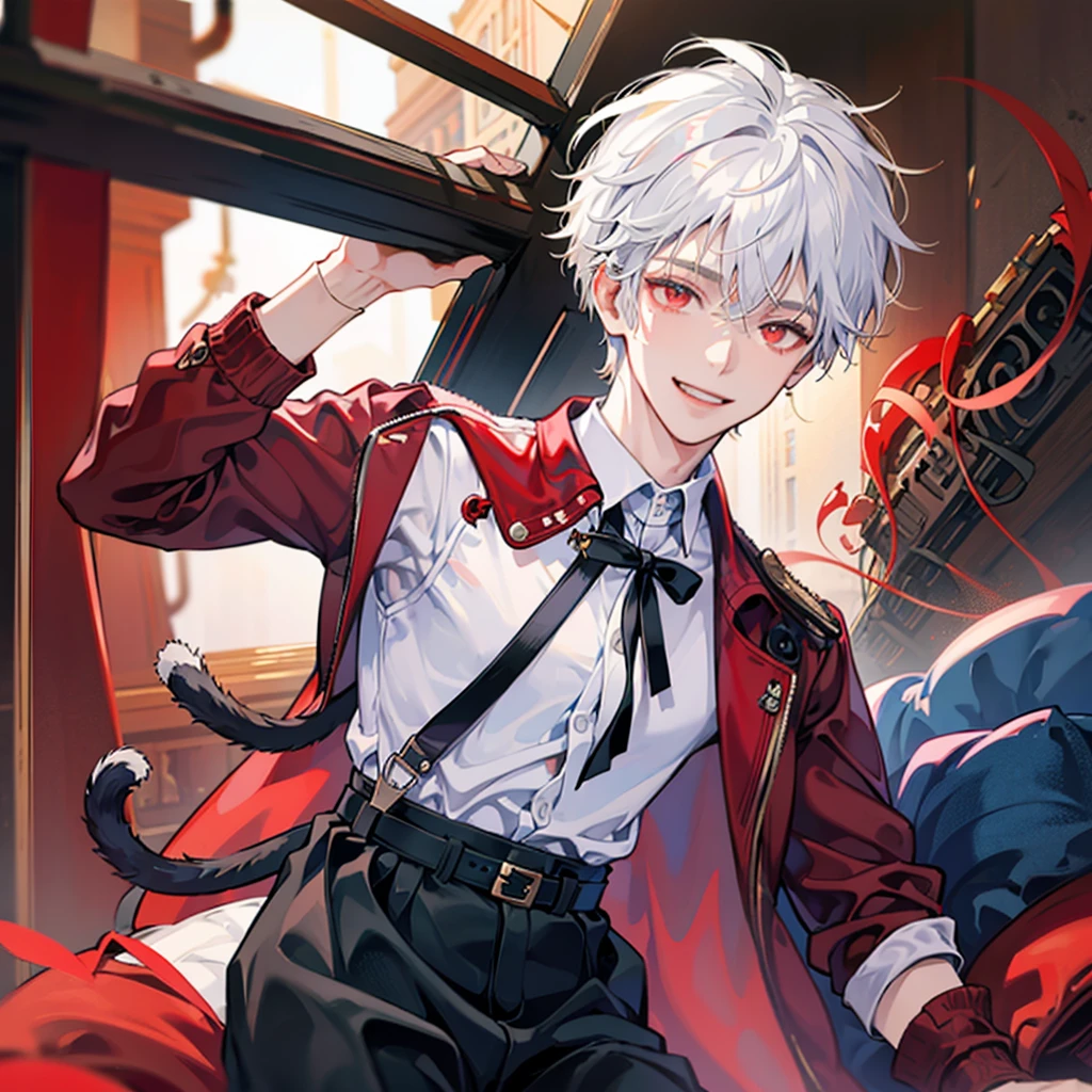 A solo cat boy, with white hair, red eyes, smile, photo pose, casual clothes, wearing jacket, buat up
