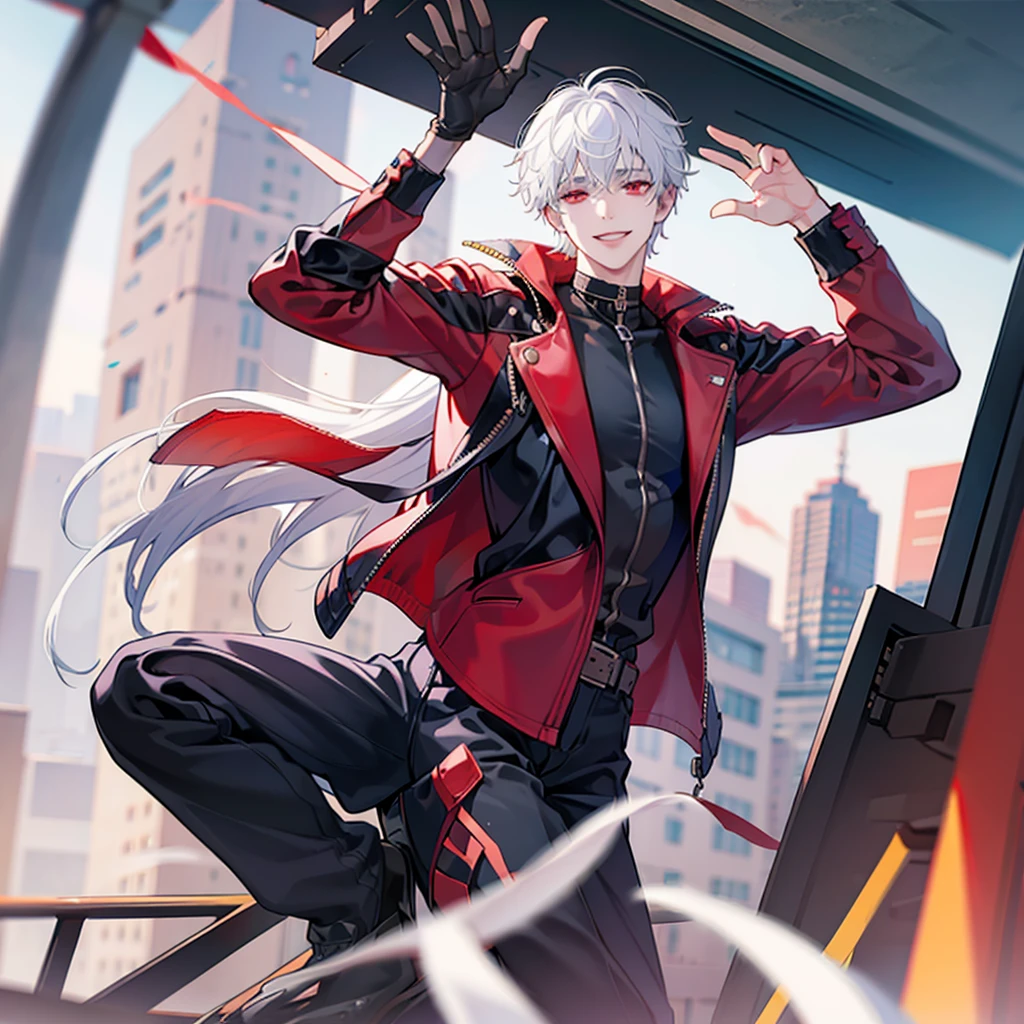 A solo cat boy, with white hair, red eyes, smile, photo pose, casual clothes, wearing jacket, buat up