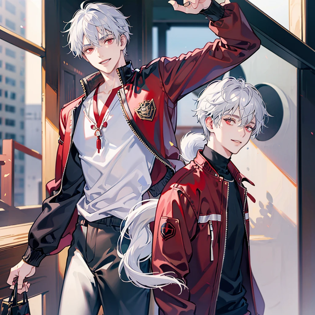 A solo cat boy, with white hair, red eyes, smile, photo pose, casual clothes, wearing jacket, buat up