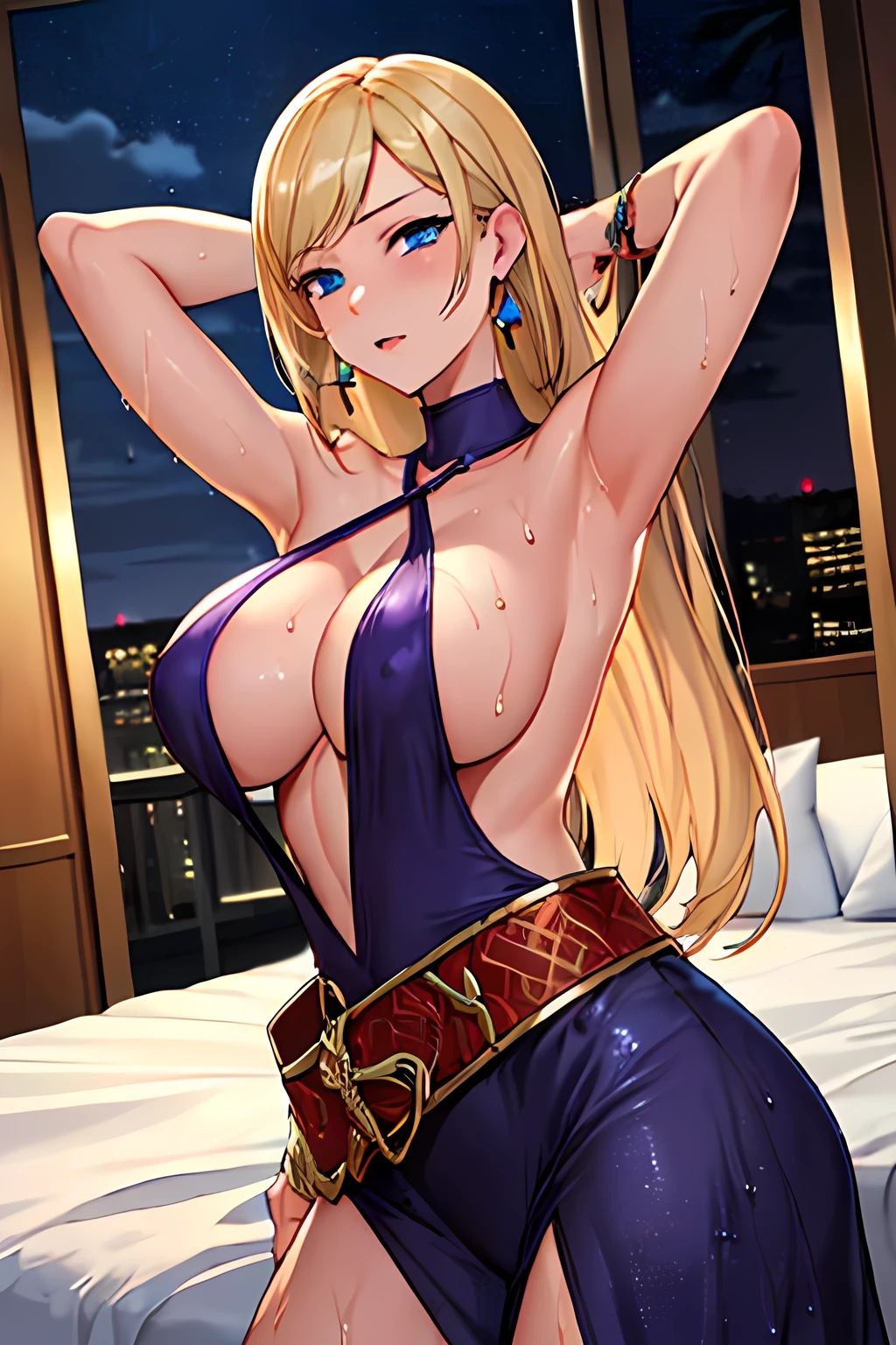 masterpiece,Highest quality, Unreal Engine, Ultra-high resolution, Highly detailed round breasts, Big breasts 1 girl, Waist, thin,(Muscular:0.7) B. Jenny, Golden Hair, blue eyes, jewelry, Earrings, triangle Earrings, Cleavage, (Sexy look:1), (Troubled face:0.6), (Sad face:0.5), (Big ample breasts:1.2) , (Place your arms behind your head:1) , Seductive pose, night, (nightのホテルで:1.5), (The background is a hotel room:1.5), (Lying in bed:1), (真night中:1.2), perspective、View here, Both hands are tied, nsfw, Sweating, Wet body.
