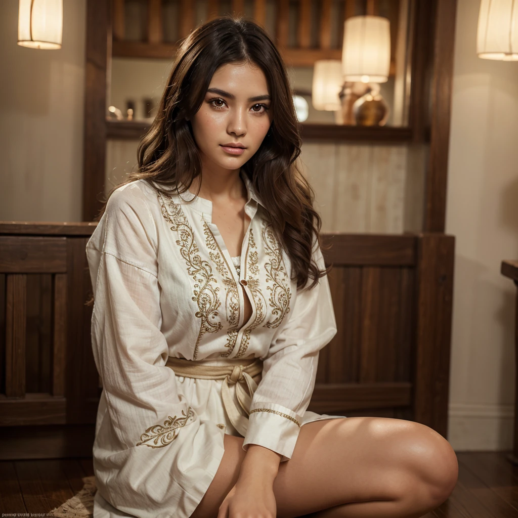 Full-body image, Beautiful brunette with dark brown eyes, cute appearance, thailand peasant clothing, Maldives traditional clothes, naturally wavy hair, detailed facial features, beautiful intricate details, Elegant Pose, warm lighting, cinematic composition, high quality, photorealistic, digital painting, vibrant colors, beautiful lighting, 8K, hyper detailed