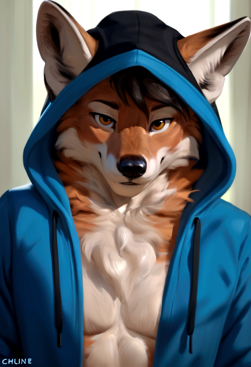 arafed wolf wearing a blue hoodie and a black hat, in a hoodie, thick furry neck and chest fluff, commission for high res, wearing a hoody, wearing a hoodie, wearing a blue hoodie, furry wolf, furry chest, casually dressed, furry fursona, an anthro wolf, pov furry art, fursona furry art commission, dressed casually