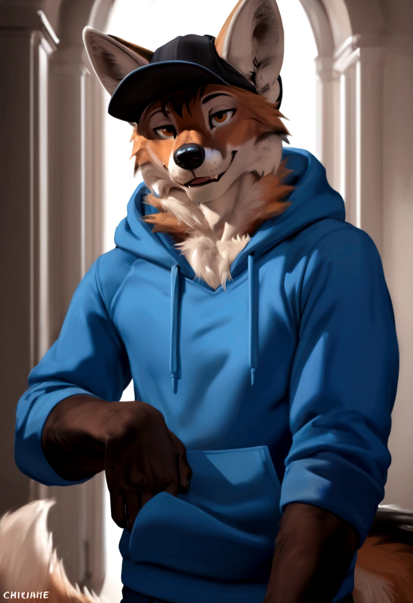 arafed wolf wearing a blue hoodie and a black hat, in a hoodie, thick furry neck and chest fluff, commission for high res, wearing a hoody, wearing a hoodie, wearing a blue hoodie, furry wolf, furry chest, casually dressed, furry fursona, an anthro wolf, pov furry art, fursona furry art commission, dressed casually