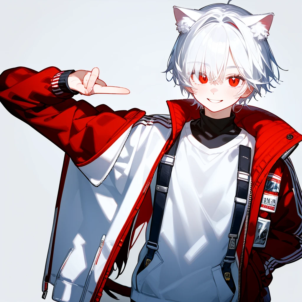 A solo cat boy, with white hair, red eyes, smile, photo pose, casual clothes, wearing jacket, bust up