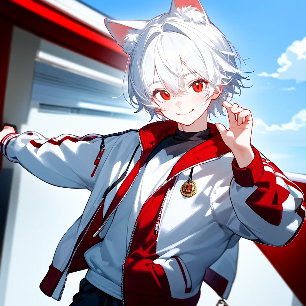 A solo cat boy, with white hair, red eyes, smile, photo pose, casual clothes, wearing jacket, bust up