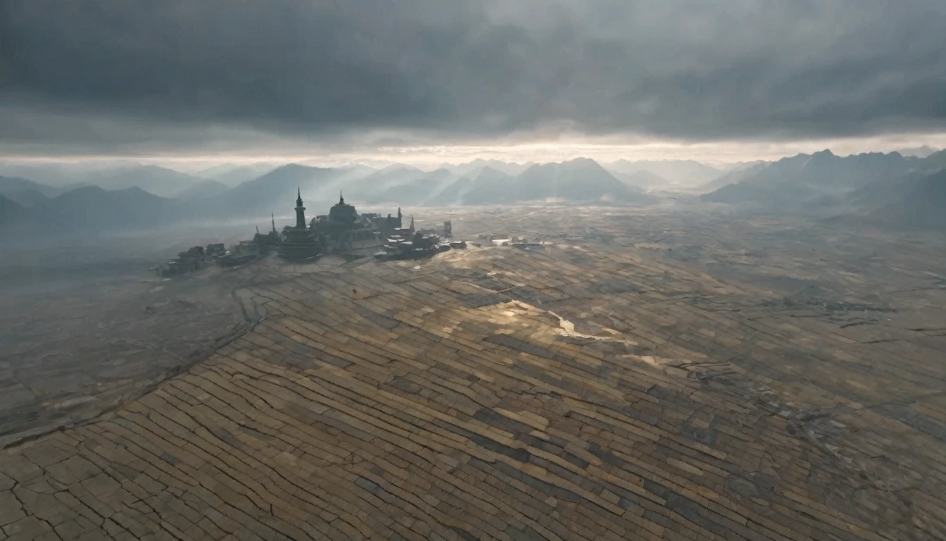 ((masterpiece)), ((best quality)), 8k, high detailed, ultra-detailed, The camera returns to an aerial view of the Tibetan plateau, Tibetan plateau, (majestic mountains), (sunset glow), (mystical atmosphere), (shadows on the peaks), (golden light), (serene landscape), (clouds drifting)