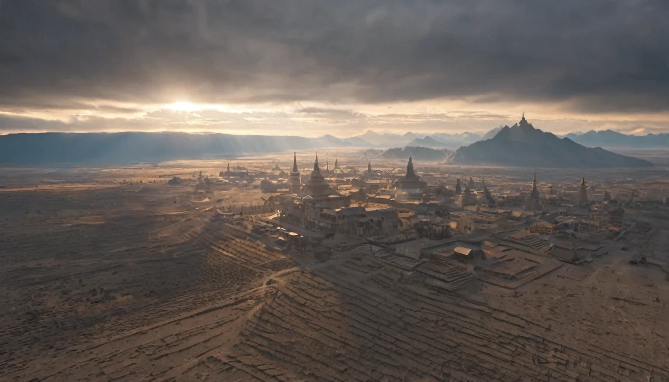 ((masterpiece)), ((best quality)), 8k, high detailed, ultra-detailed, The camera returns to an aerial view of the Tibetan plateau, Tibetan plateau, (majestic mountains), (sunset glow), (mystical atmosphere), (shadows on the peaks), (golden light), (serene landscape), (clouds drifting)